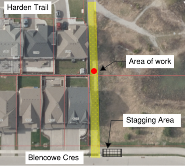 Aerial view of residential area, highlighted work zone in yellow.