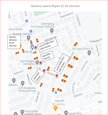 Map showing road closures on Harrison due to sanitary repairs.