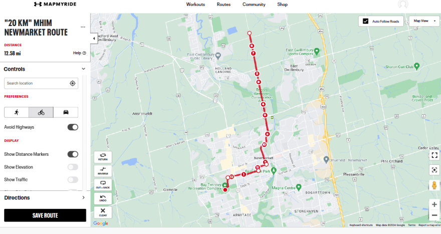 Route map with a red line passing through several streets.