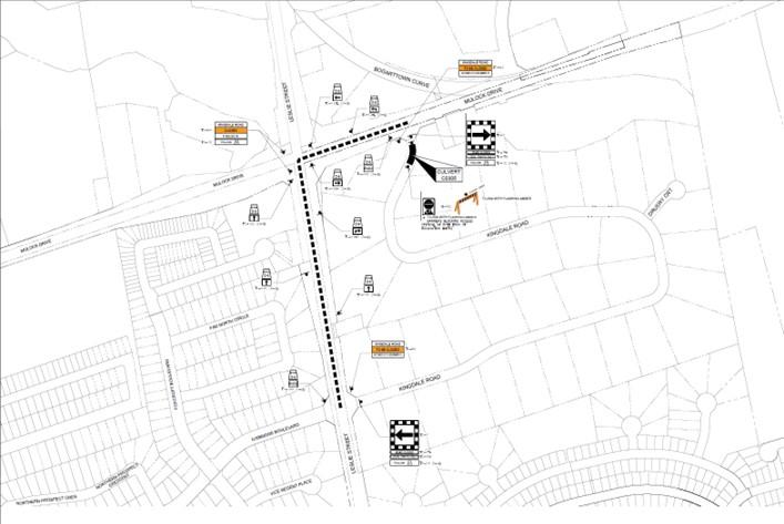 Roadway map with traffic cones, signs, and vehicles marked.
