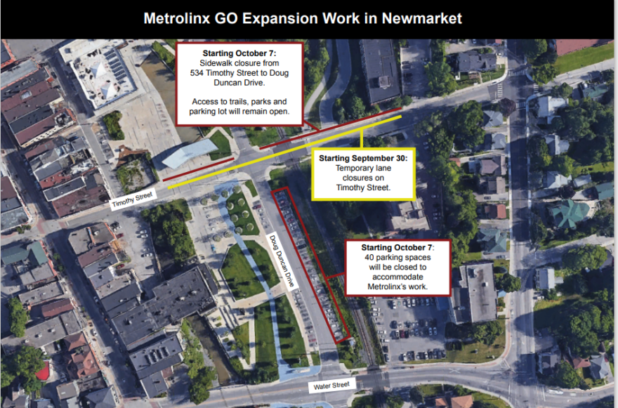 Aerial map showing construction zones with highlighted areas and streets.