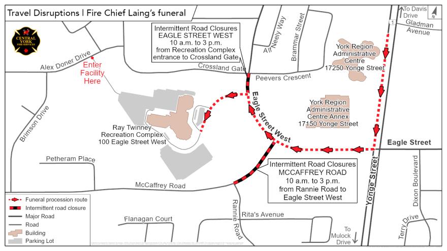 Map of road closures for Fire Chief Laing's funeral route with marked detours.