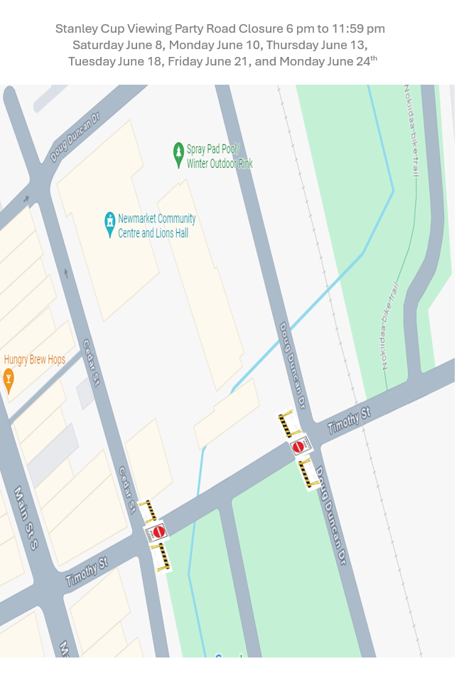 Map showing road closures marked with red lines.