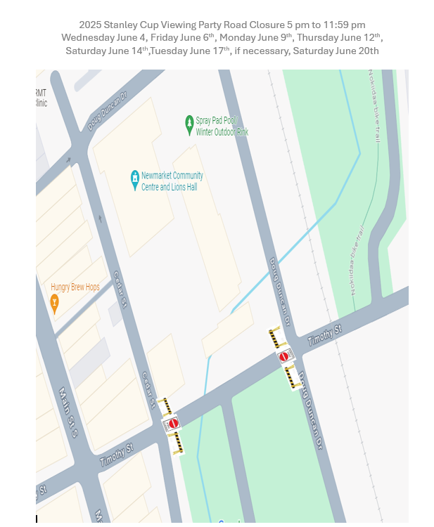 Map showing intersecting streets with road closures marked by signs.