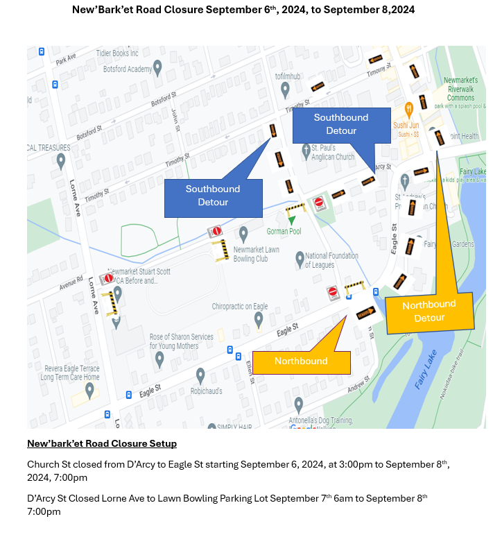 Map showing road closures and detours with arrows and icons for September 6-8, 2024.
