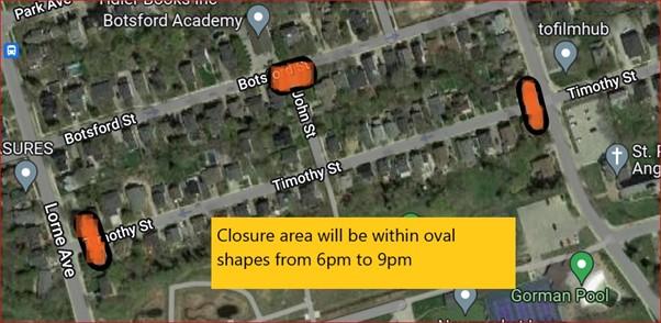 Map showing road closures with orange markers on residential streets.