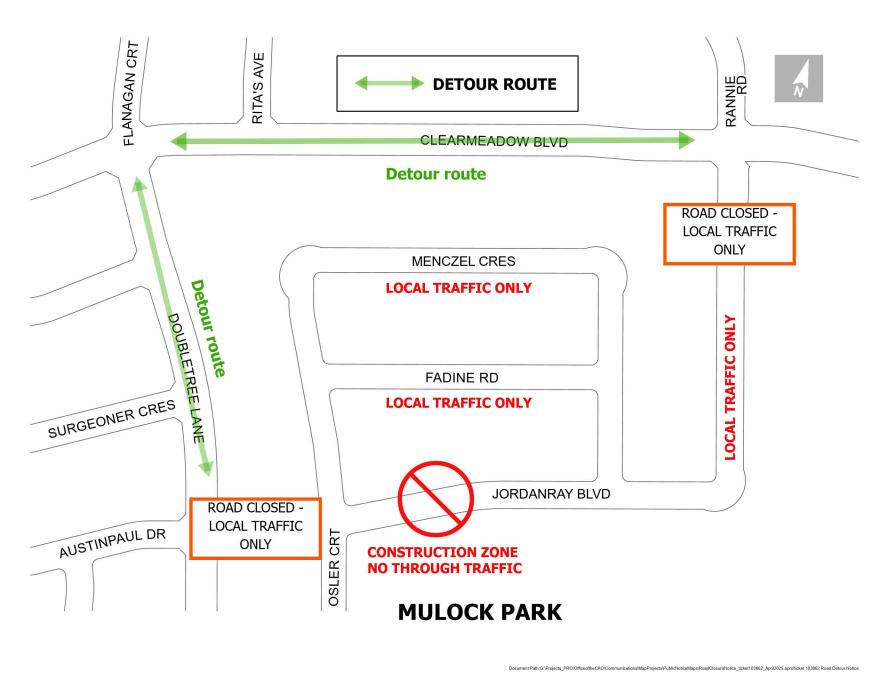 Detour map showing road closures around Mulock Park.