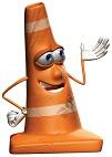 Animated traffic cone character waving with a smile.