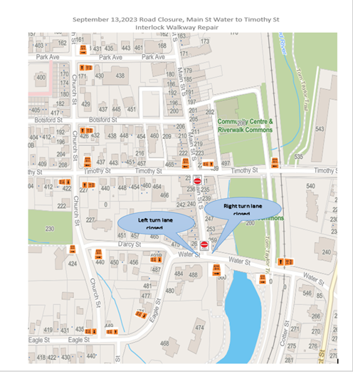Map showing road closure and detour routes in an urban area.