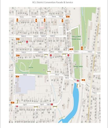Map showing streets, parks, and a river, with markers indicating services or locations.