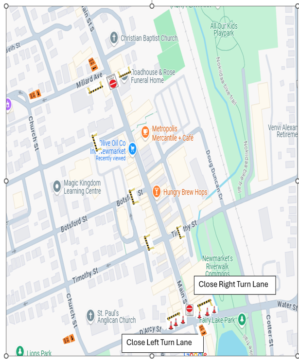 Street map with road closures and landmarks marked.