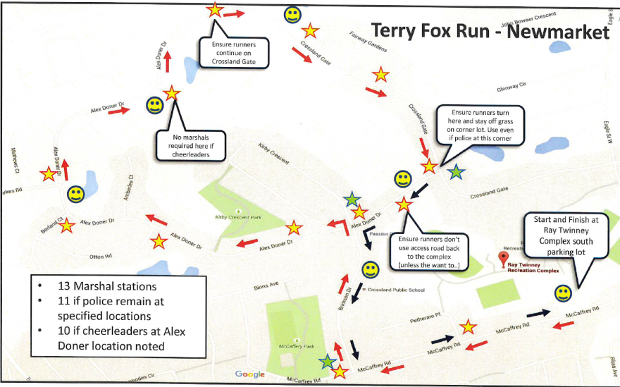 Map of Terry Fox Run route in Newmarket with markers and notes.