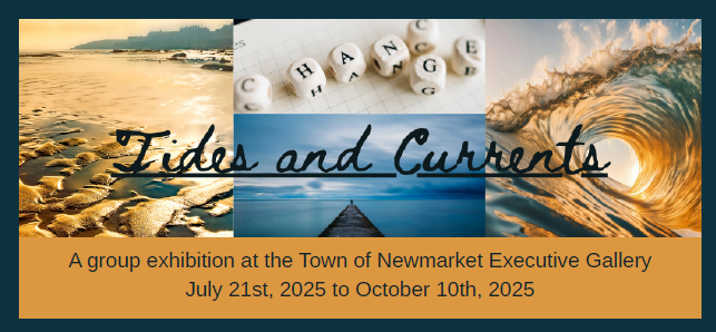 Tides and Currents exhibition banner with ocean scenes and letter dice spelling 'change'.