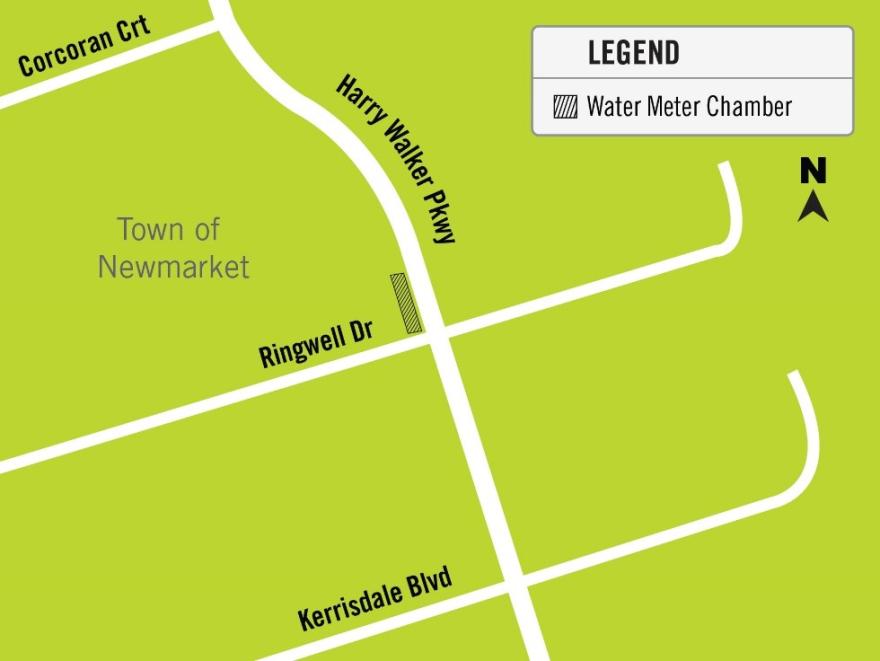 Map of roads in Newmarket with a legend for a water meter chamber.