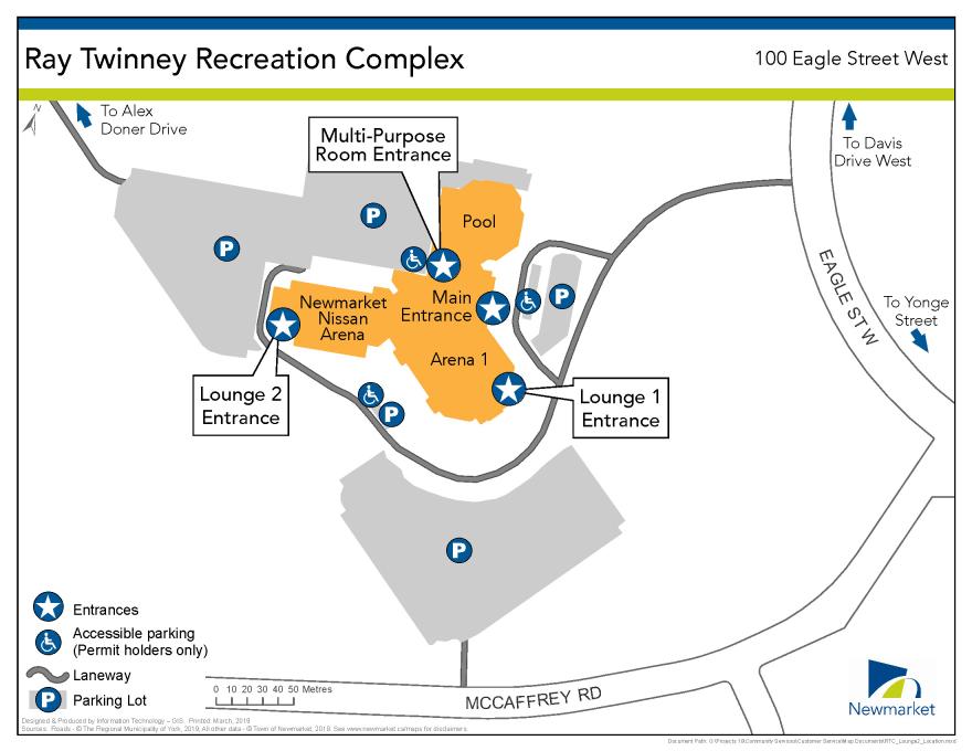 Ray Twinney Recreation Complex map with entrances and accessible parking.