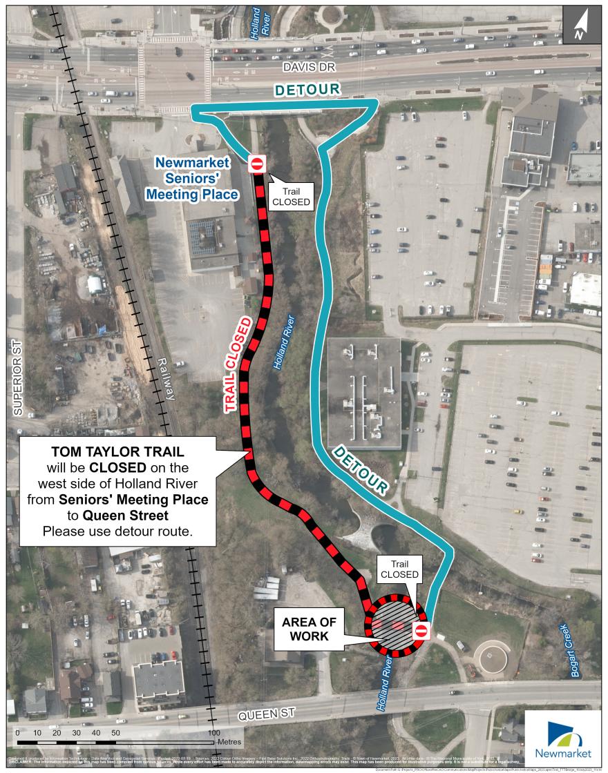 Aerial map showing a trail detour and closed area, with highlighted paths and roads.