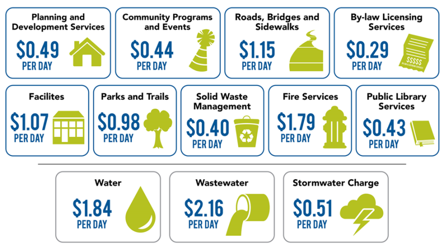 Infographic showing service costs per day in USD, with icons for each service.