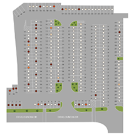 Parking lot layout with colored cars and green median strips.