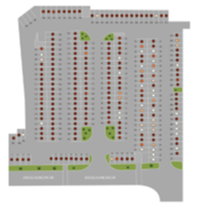 Parking lot layout with cars and green patches.