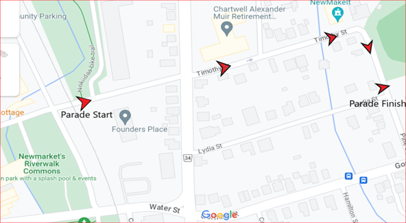 Map showing a parade route from Parade Start to Parade Finish with arrow indicators.