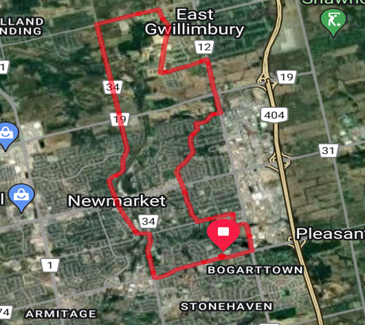 Map with highlighted area around Newmarket, roads, and town names.