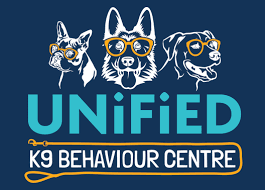 Logo with three dogs wearing glasses above text "Unified K9 Behaviour Centre".