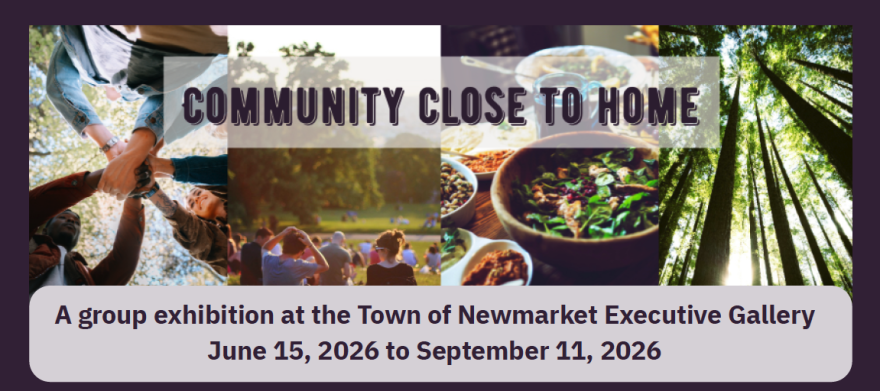 Community Close to Home exhibit title over 4 images of community coming together, sitting on a hill together, eating together and a sunlit forest